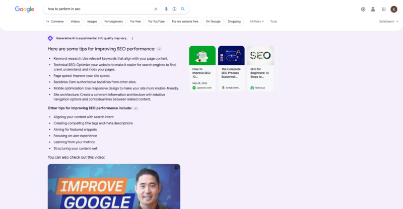 Affichage de Google SGE sur la SERP