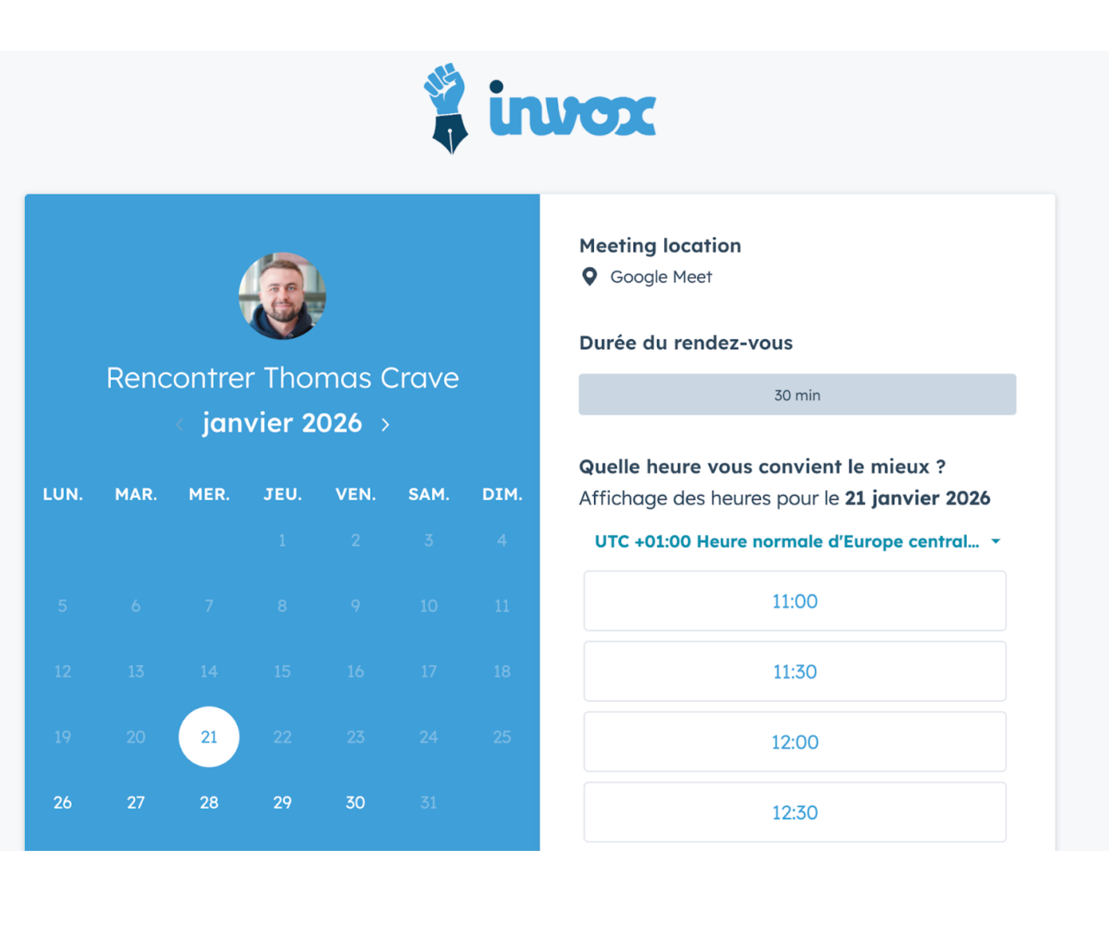 Agenda intégré sur le CRM de HubSpot d'un de nos collaborateurs pour prendre rendez-vous avec lui