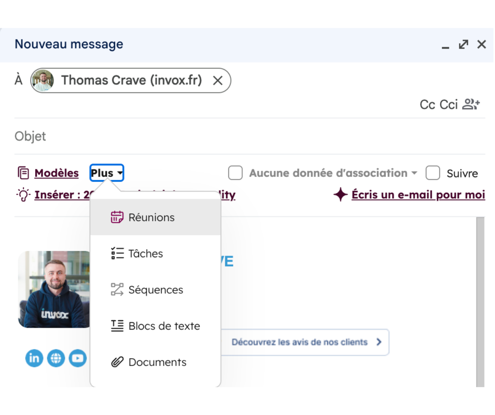 Exemple où l'un de nos collaborateurs a directement accès à ses mails sur HubSpot